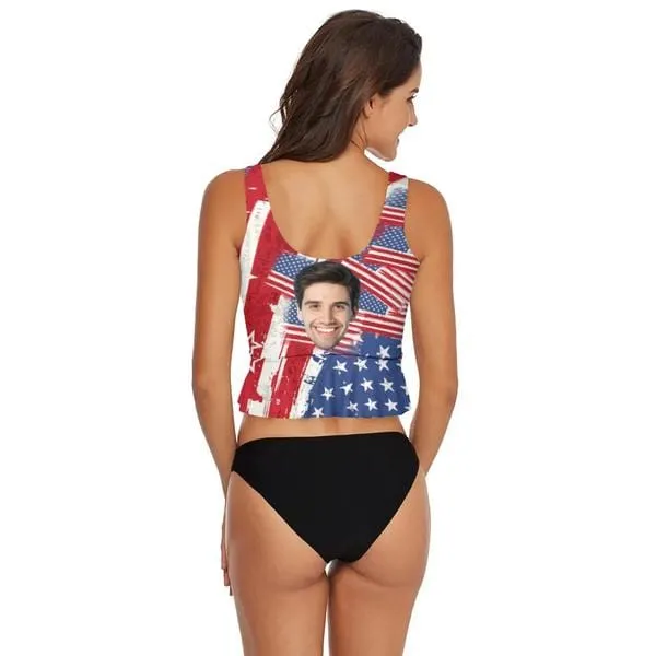 Custom Face USA Flag Print V-Neck Tankini For Women 2 Pieces Swimsuit