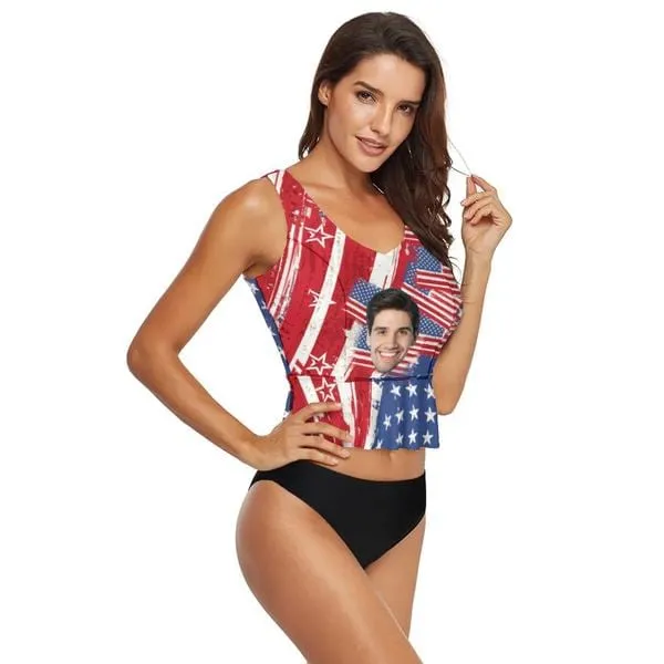 Custom Face USA Flag Print V-Neck Tankini For Women 2 Pieces Swimsuit