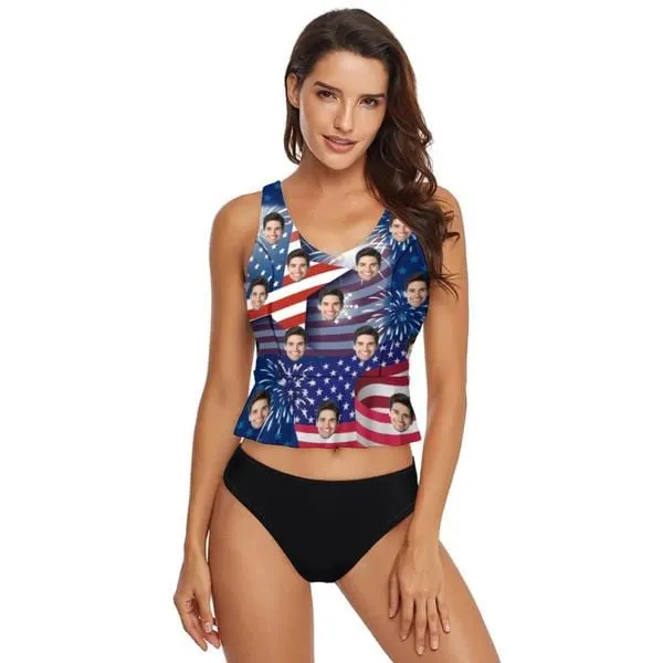 Custom Face USA Flag Print V-Neck Tankini For Women 2 Pieces Swimsuit