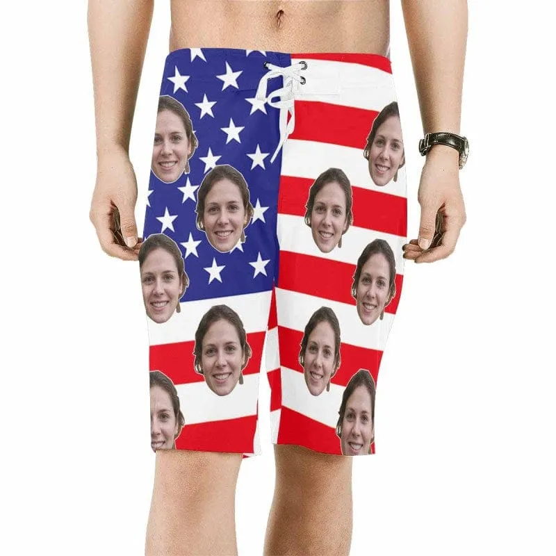 Custom Hawaiian Shirts & Beach Shorts with Girlfriend Face American Flag Aloha Shirt