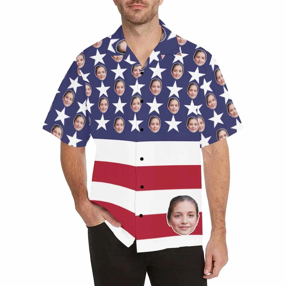 Custom Hawaiian Shirts & Beach Shorts with Girlfriend Face American Flag Aloha Shirt