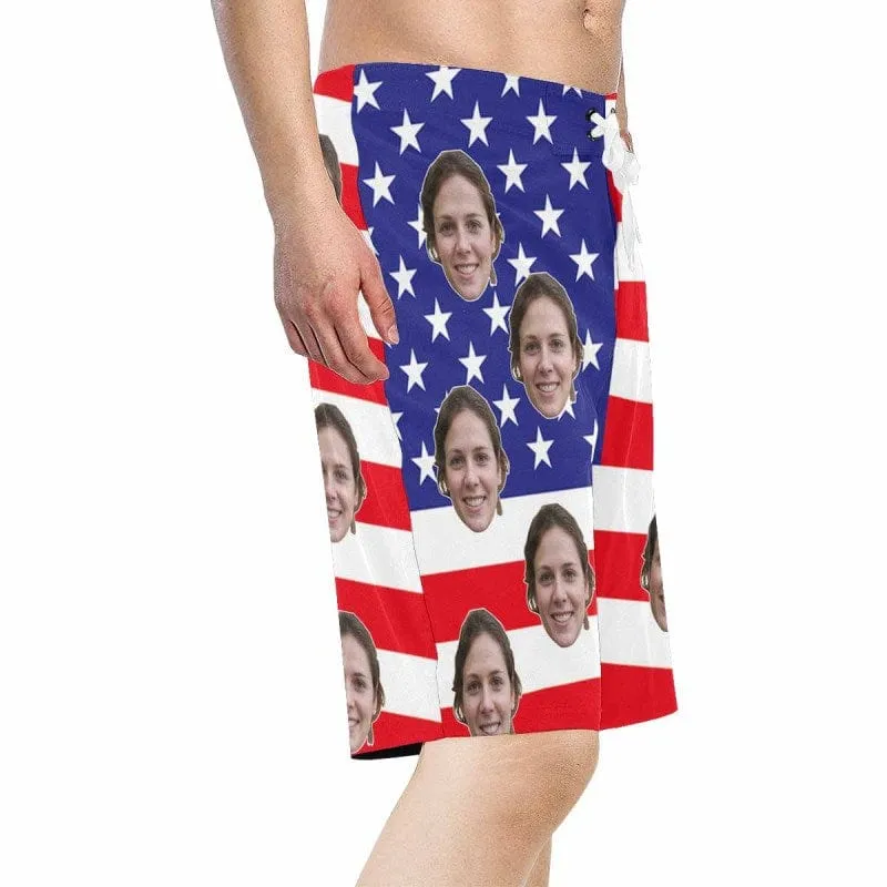 Custom Hawaiian Shirts & Beach Shorts with Girlfriend Face American Flag Aloha Shirt