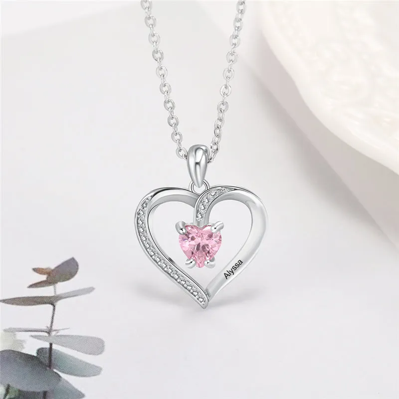 Custom Heart Cut Stone and Engraved Name Heart Pendant Necklace