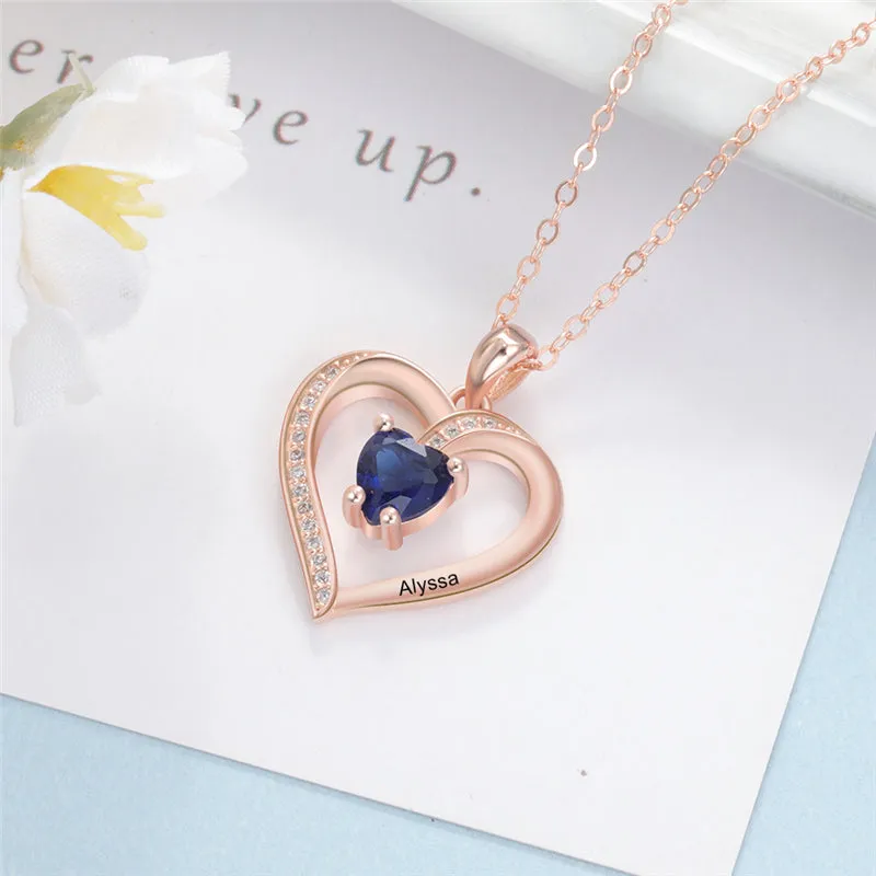 Custom Heart Cut Stone and Engraved Name Heart Pendant Necklace