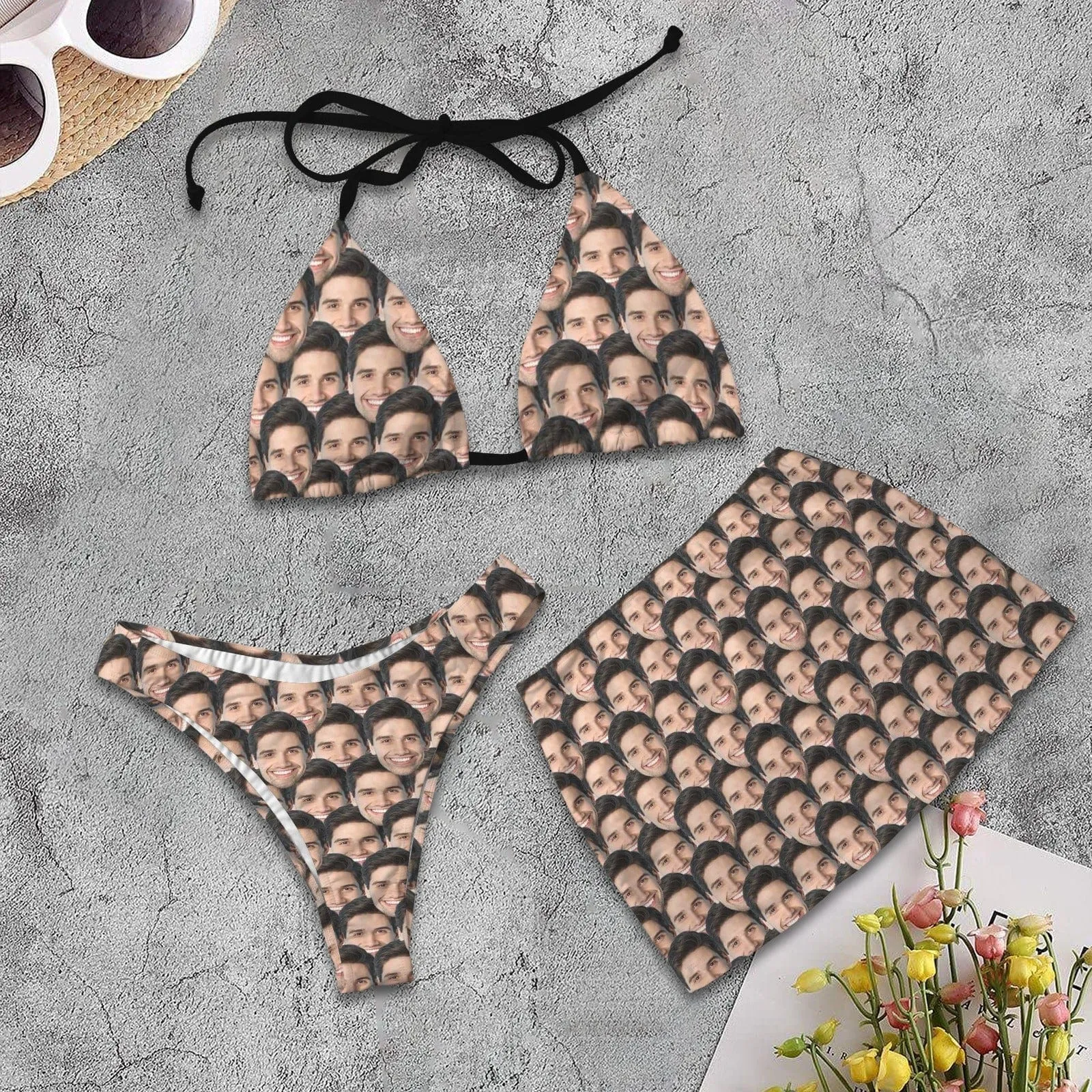 Custom Seamless Face Bikini Set Personalized Halterneck String Three-Pieces Bikini Skirts Set