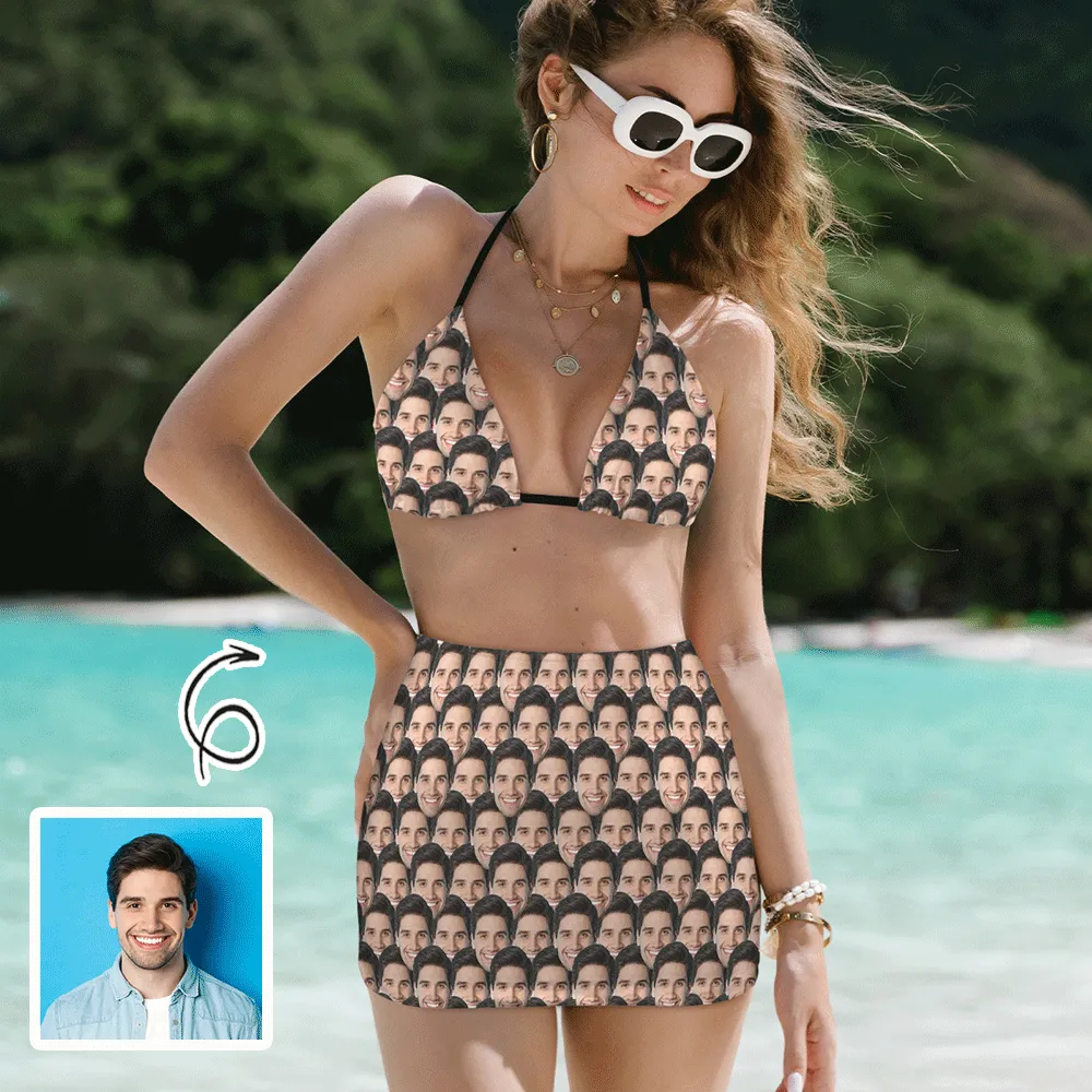 Custom Seamless Face Bikini Set Personalized Halterneck String Three-Pieces Bikini Skirts Set