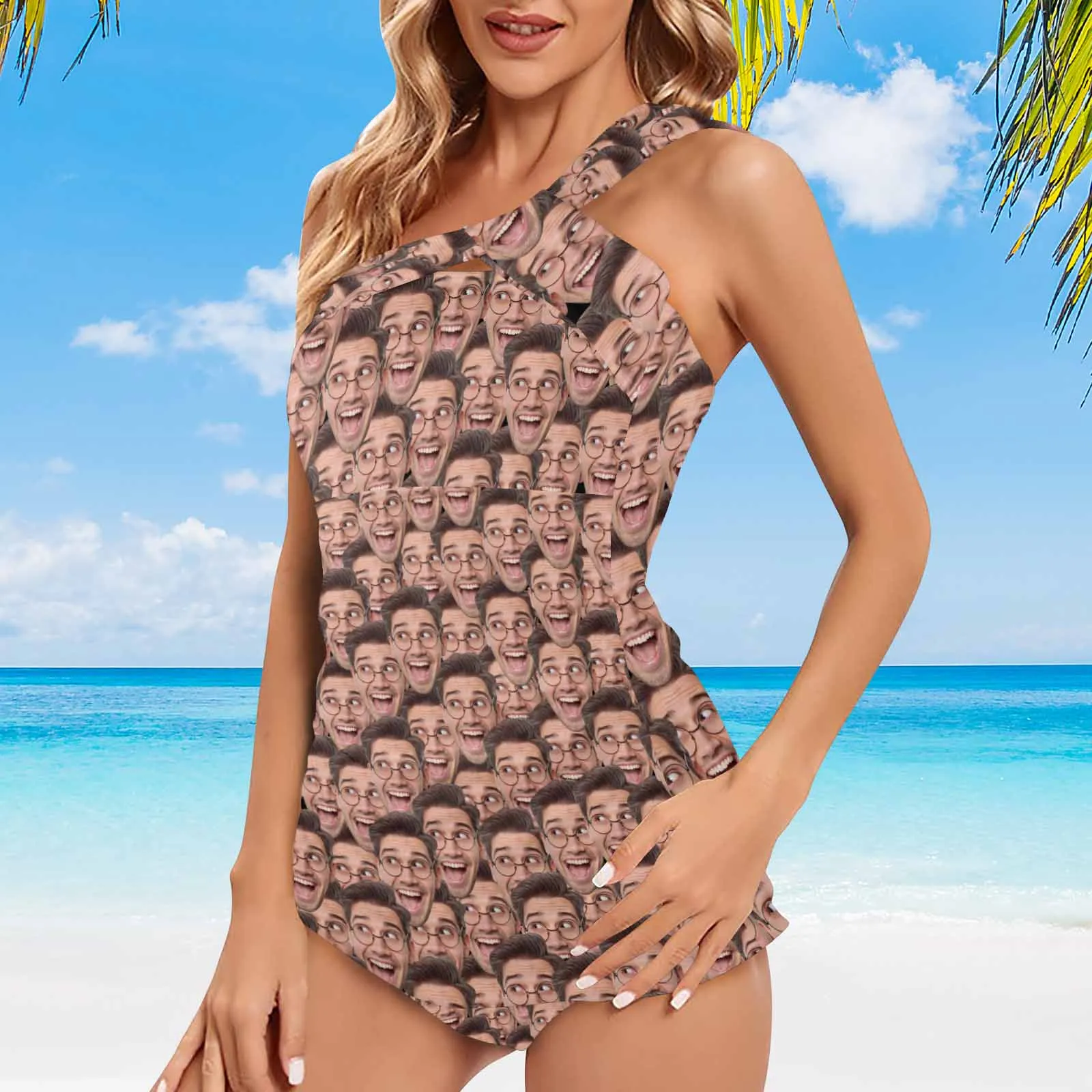 Custom Seamless Face Swimsuit Personalized Women's One Shoulder Two Piece Bathing Suit