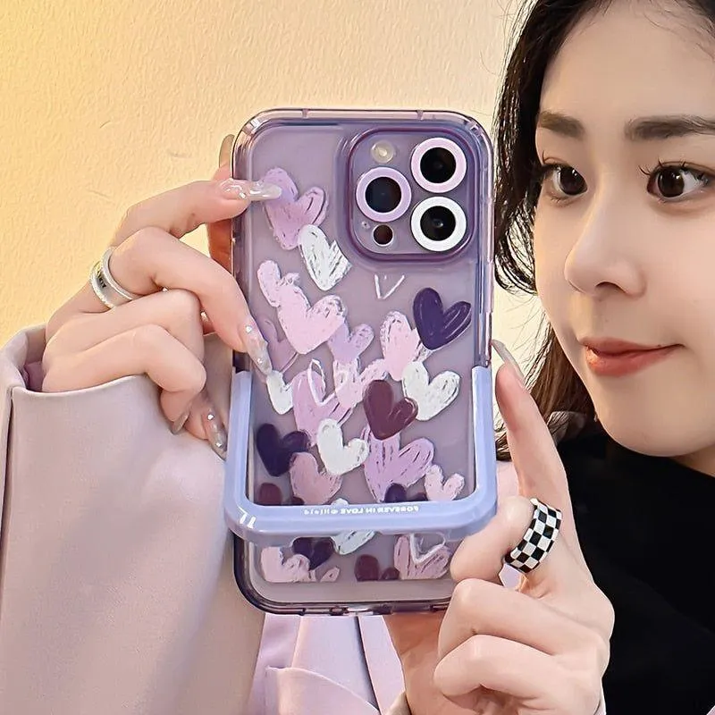 Cute Purple Heart Phone Cases with Invisible Holder for iPhone 13, 11, 12, 14 Pro Max, 14 Plus