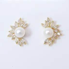 CZ Pearl Leaves Earrings, Bridal Jewelry, Bridal Stud Earrings, Crystal Bridal Earrings, Statement Earrings Cz