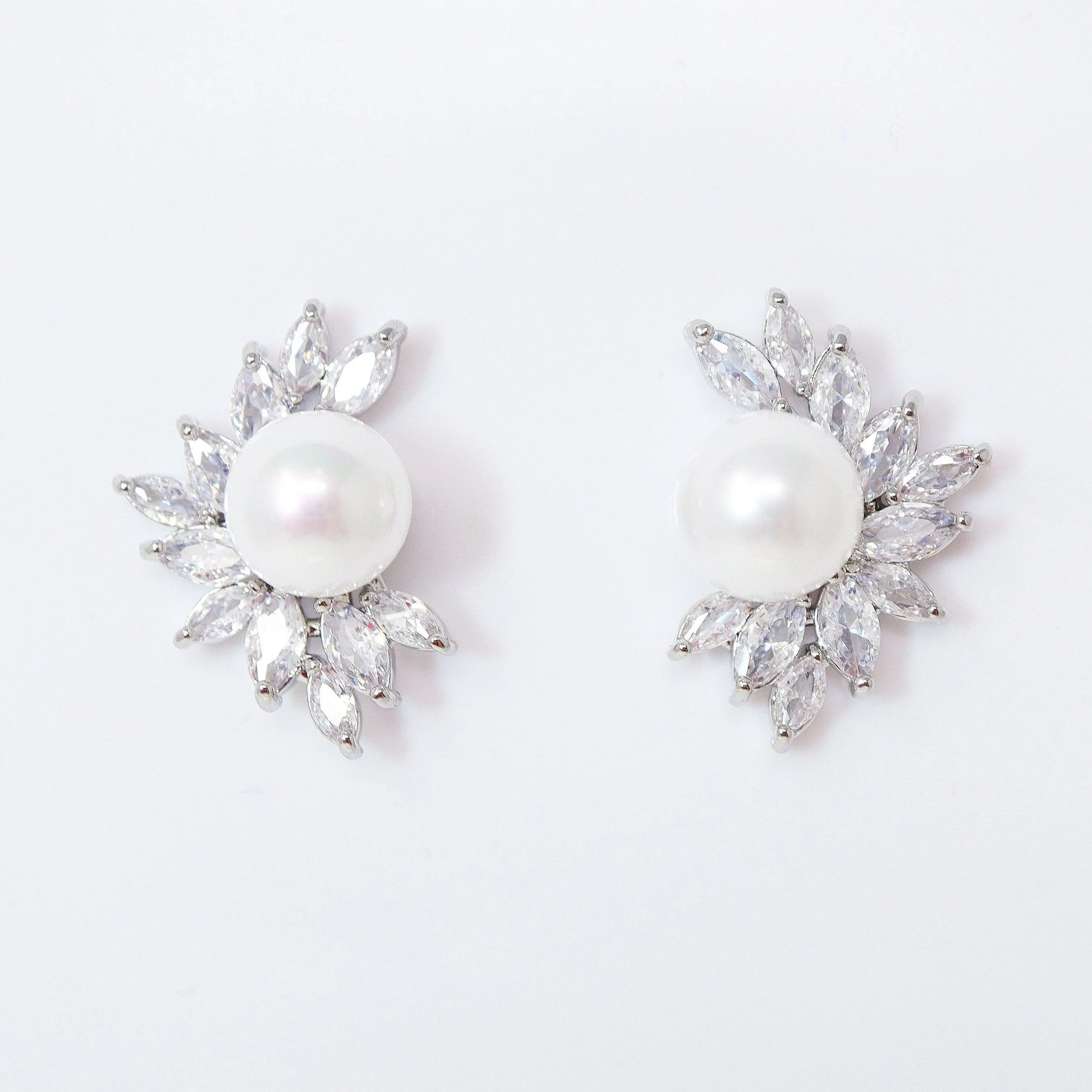 CZ Pearl Leaves Earrings, Bridal Jewelry, Bridal Stud Earrings, Crystal Bridal Earrings, Statement Earrings Cz