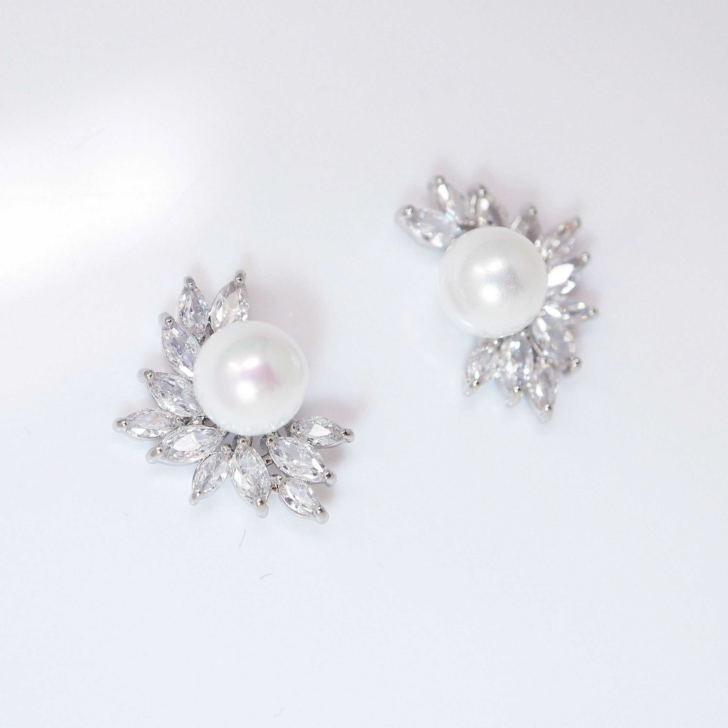 CZ Pearl Leaves Earrings, Bridal Jewelry, Bridal Stud Earrings, Crystal Bridal Earrings, Statement Earrings Cz