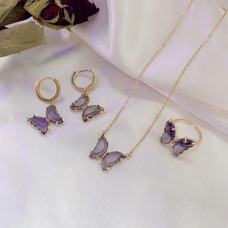 Dainty CZ Inlaid Crystal Butterfly Necklace Earrings Ring Set LIN68