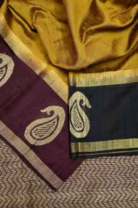 Dark Mustard Golden Color Pure Raw Silk Saree with Ganga Jamuna Border