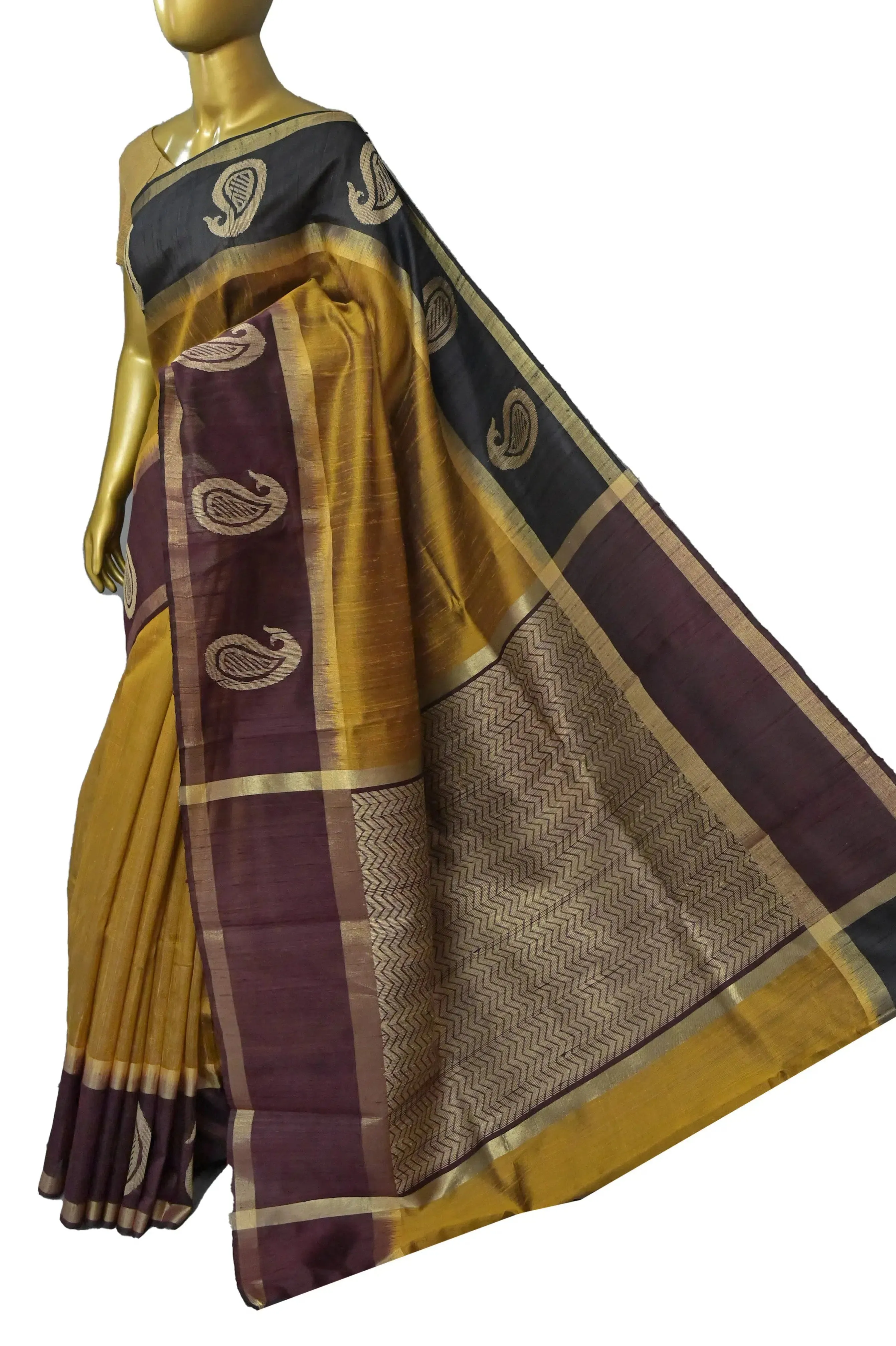 Dark Mustard Golden Color Pure Raw Silk Saree with Ganga Jamuna Border