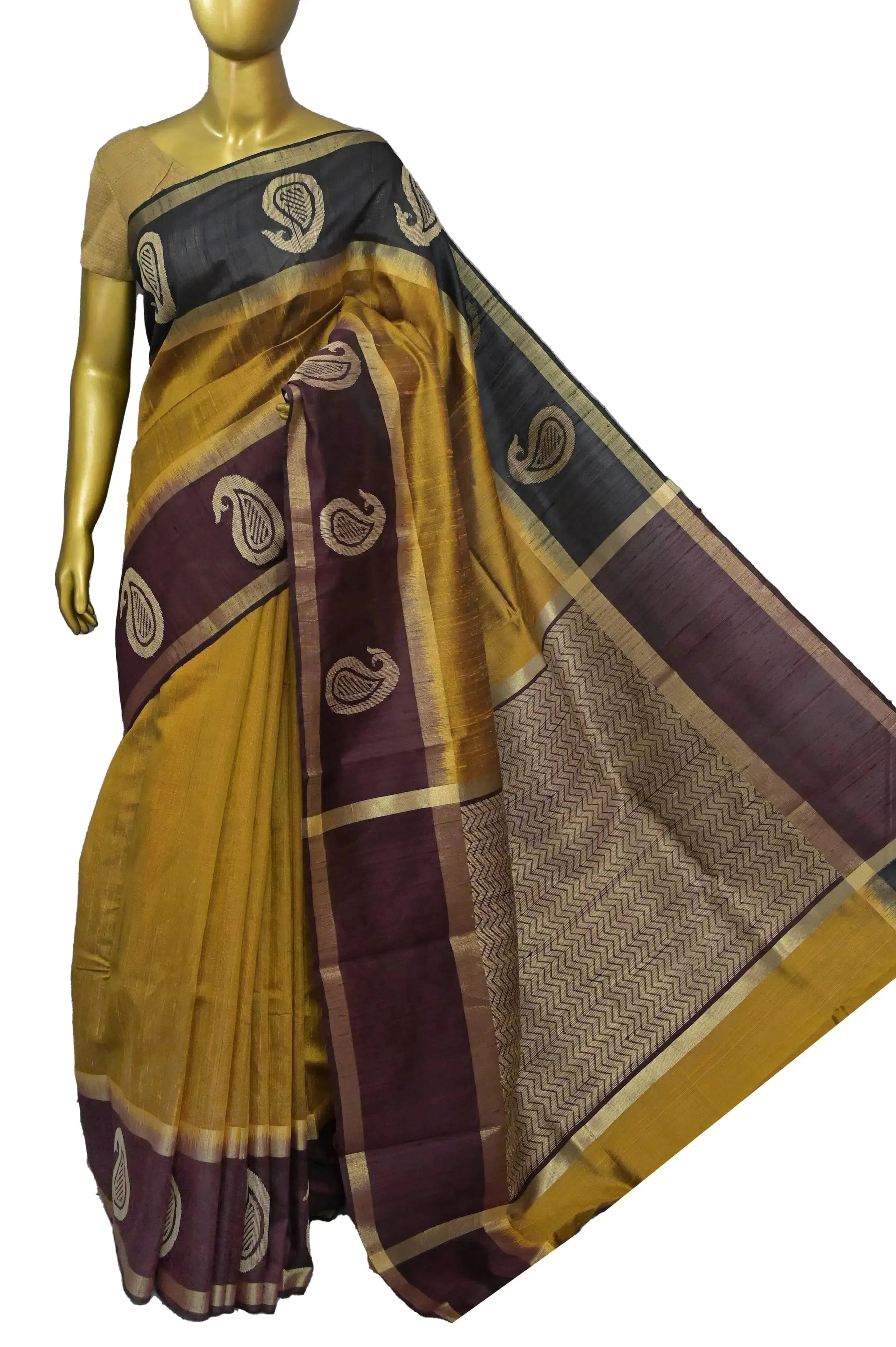 Dark Mustard Golden Color Pure Raw Silk Saree with Ganga Jamuna Border