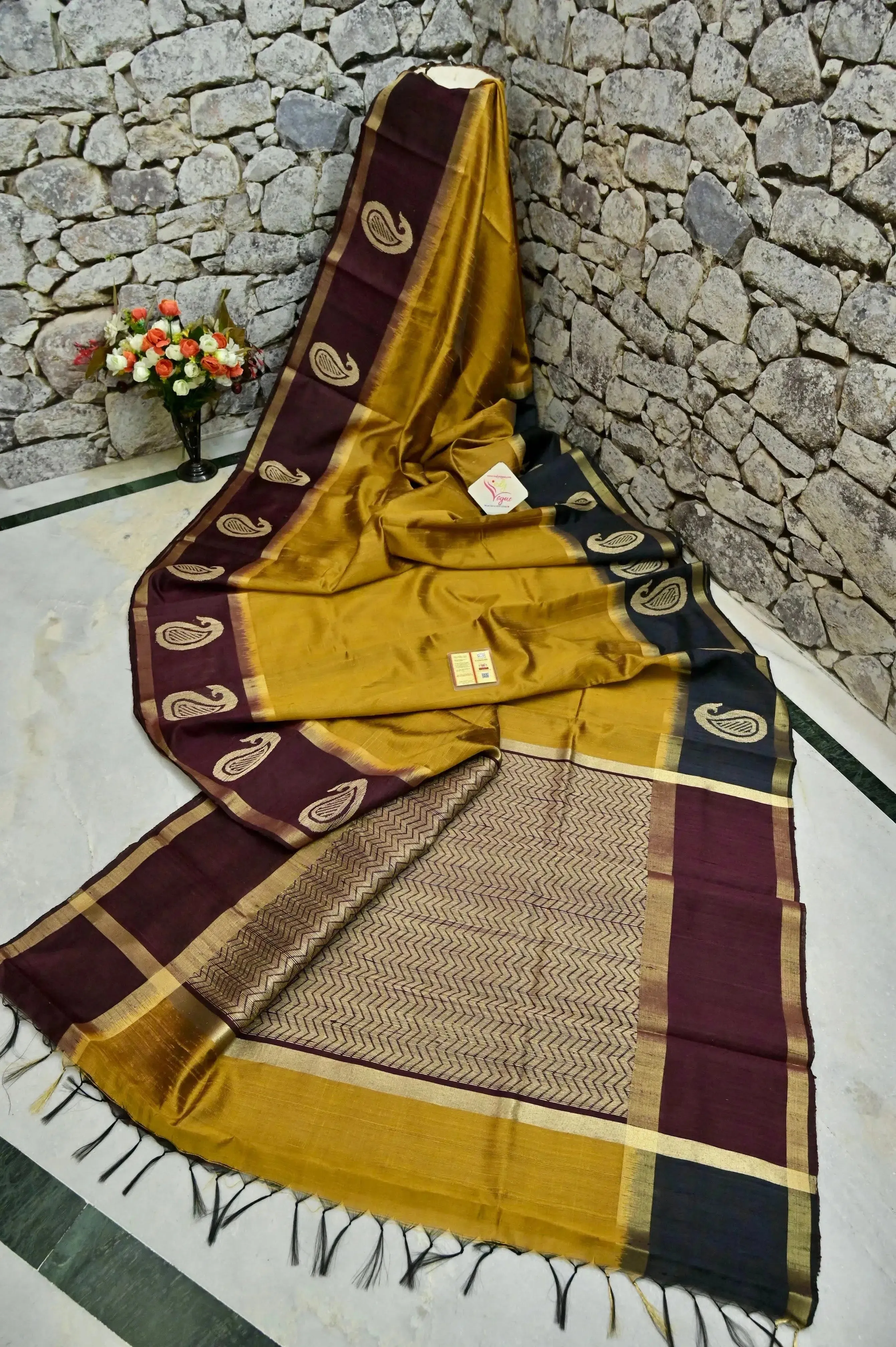 Dark Mustard Golden Color Pure Raw Silk Saree with Ganga Jamuna Border