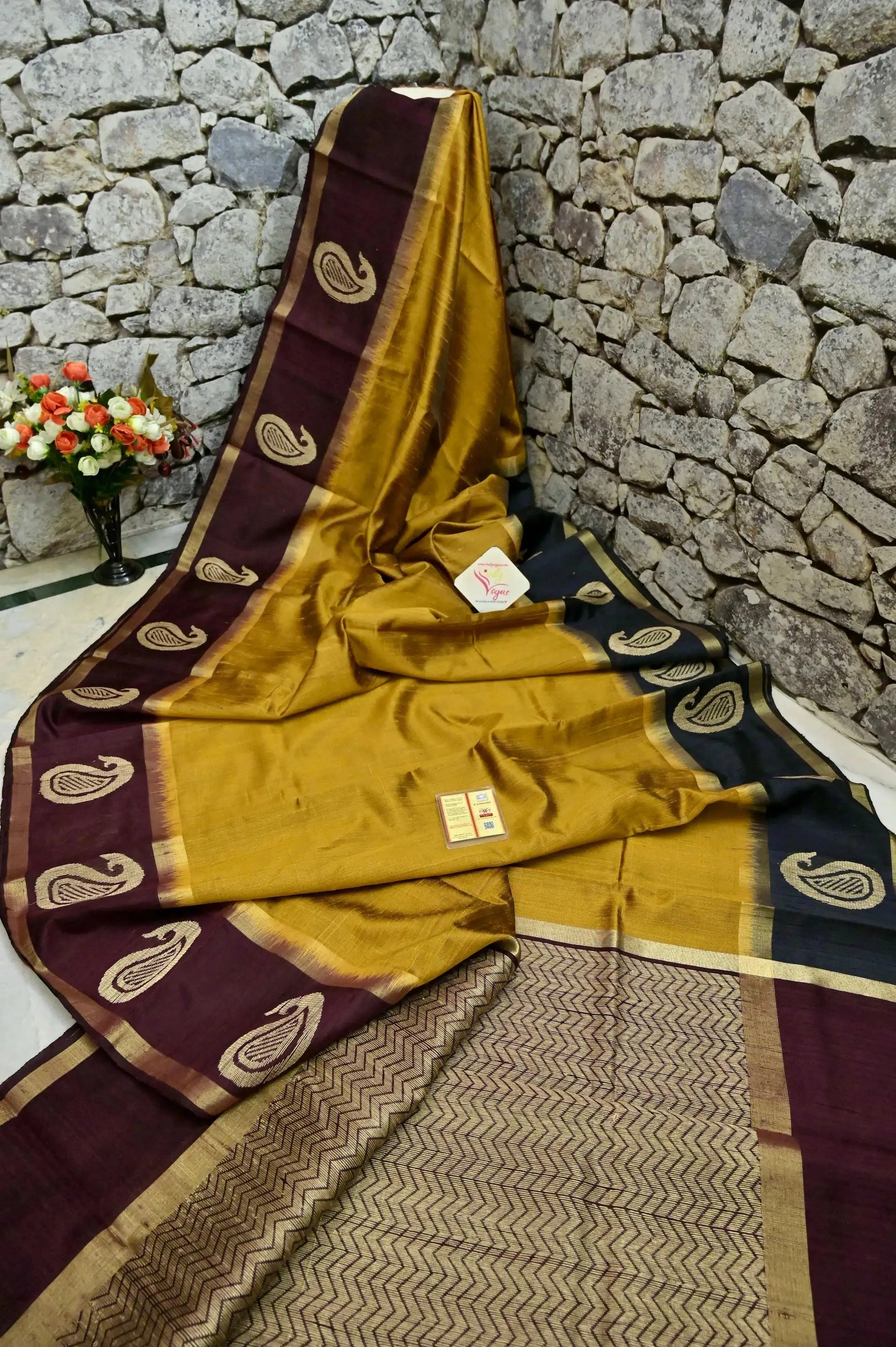 Dark Mustard Golden Color Pure Raw Silk Saree with Ganga Jamuna Border