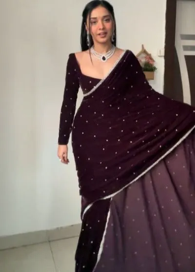 Dark Purple Sequin Ready to Wear Velvet Pre Draped Sari