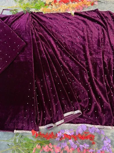 Dark Purple Sequin Ready to Wear Velvet Pre Draped Sari