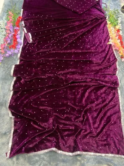 Dark Purple Sequin Ready to Wear Velvet Pre Draped Sari