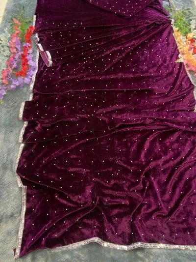 Dark Purple Sequin Ready to Wear Velvet Pre Draped Sari