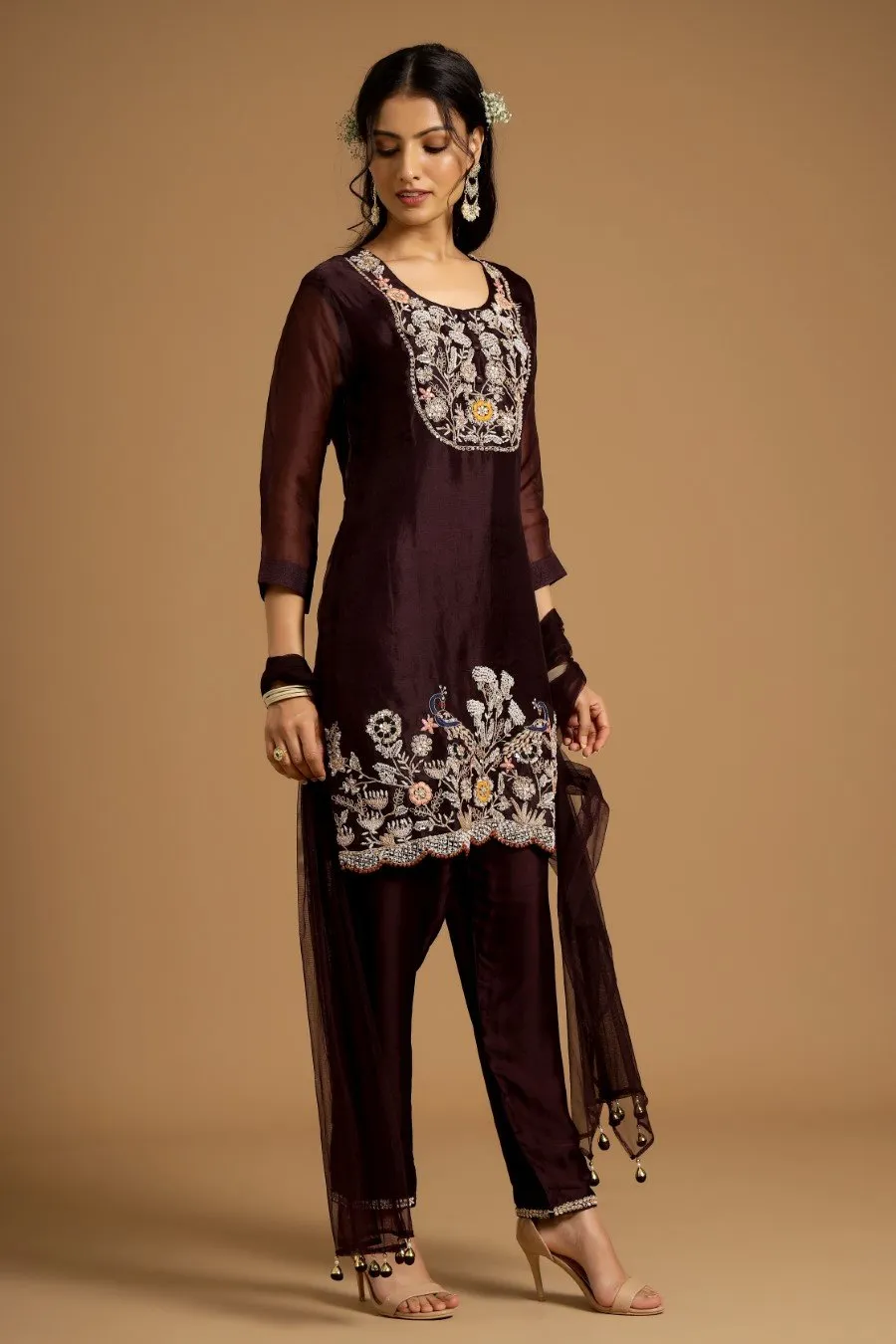 Dark Wine Organza Silk Embroidered Kurta Set