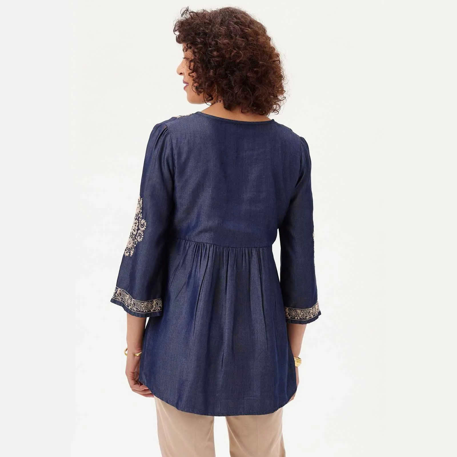 Denim Tencel Tunic with Tan Embroidery