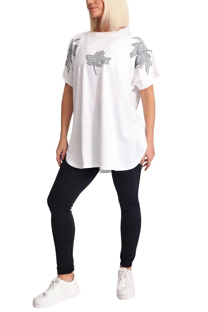 Diamante Leaf Pattern Side Slit Cotton Top