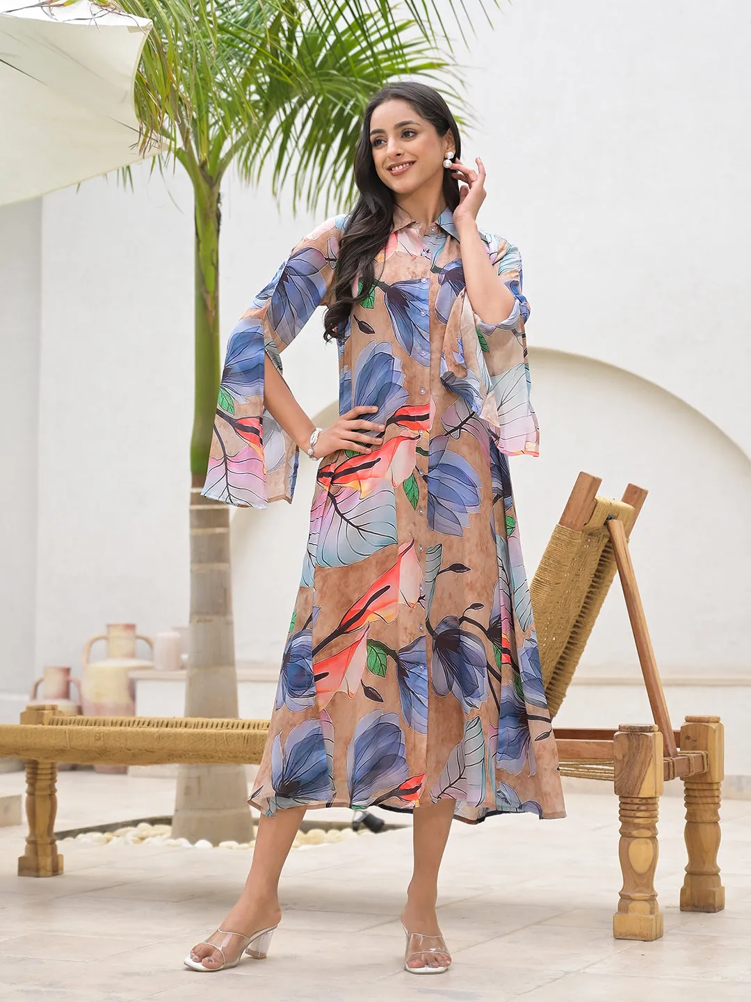 Divena Blue Multi Digital Printed Chinon Kaftan Dress