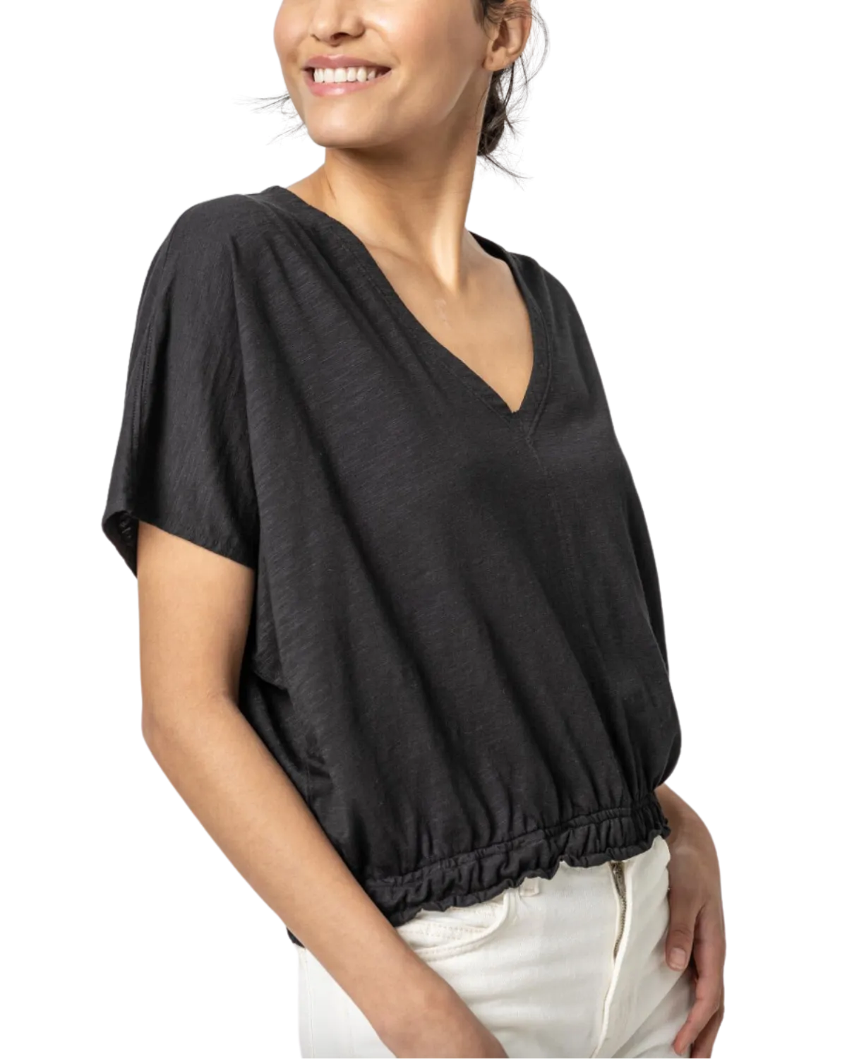 Elastic Hem V-Neck Dolman (Black)