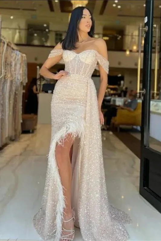 Elegant Champagne Sequin Prom Gown Featuring Feather Off-The-Shoulder Design