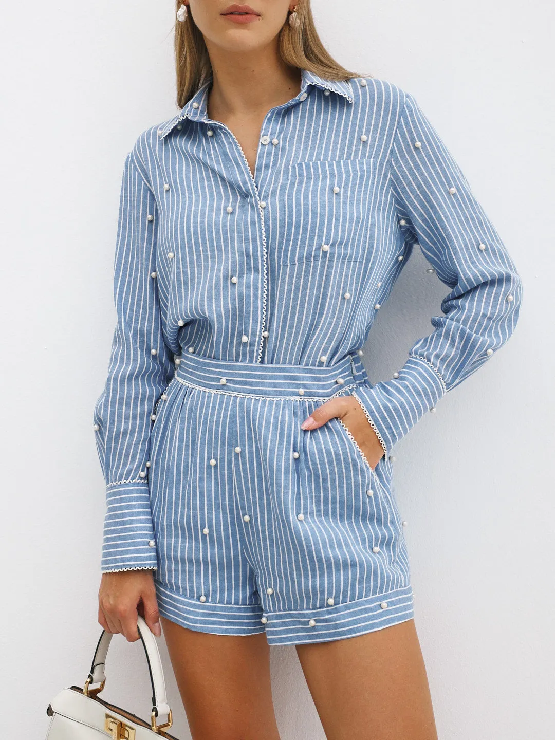 Elyssa Stripe Shirt With Pearls | Blue/White