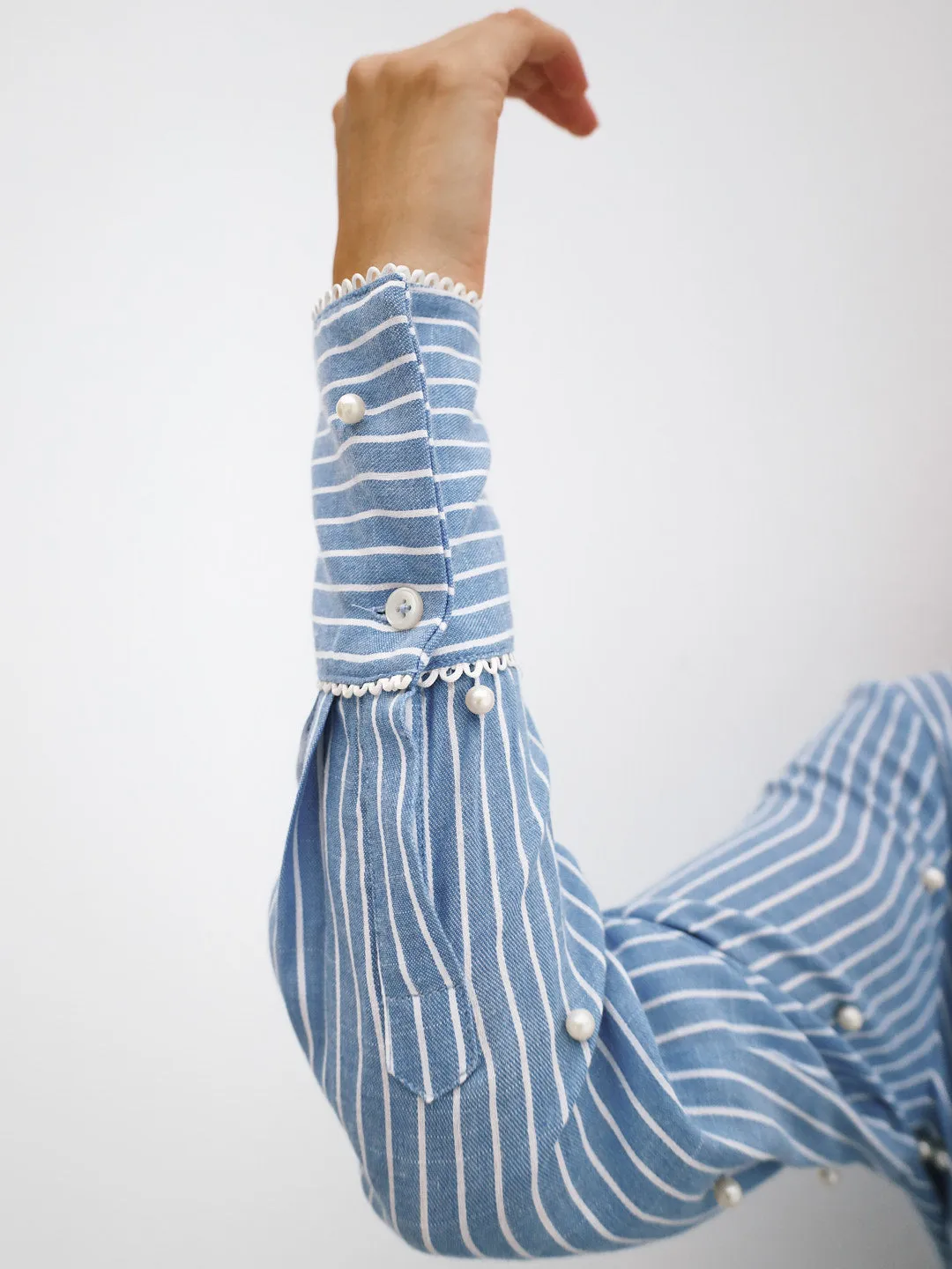 Elyssa Stripe Shirt With Pearls | Blue/White