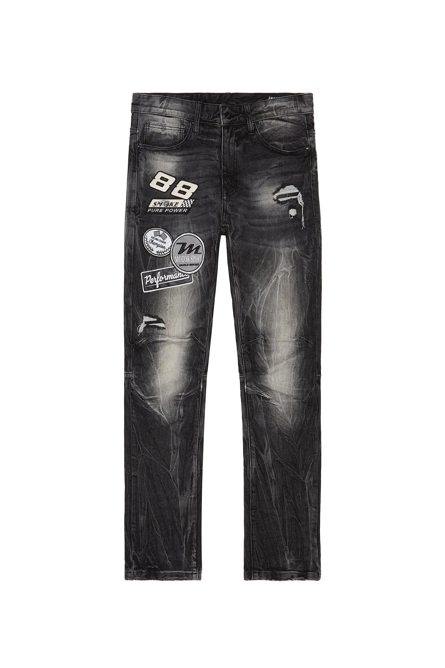 Embroidered Patched Racing Denim Jeans - Moon Black