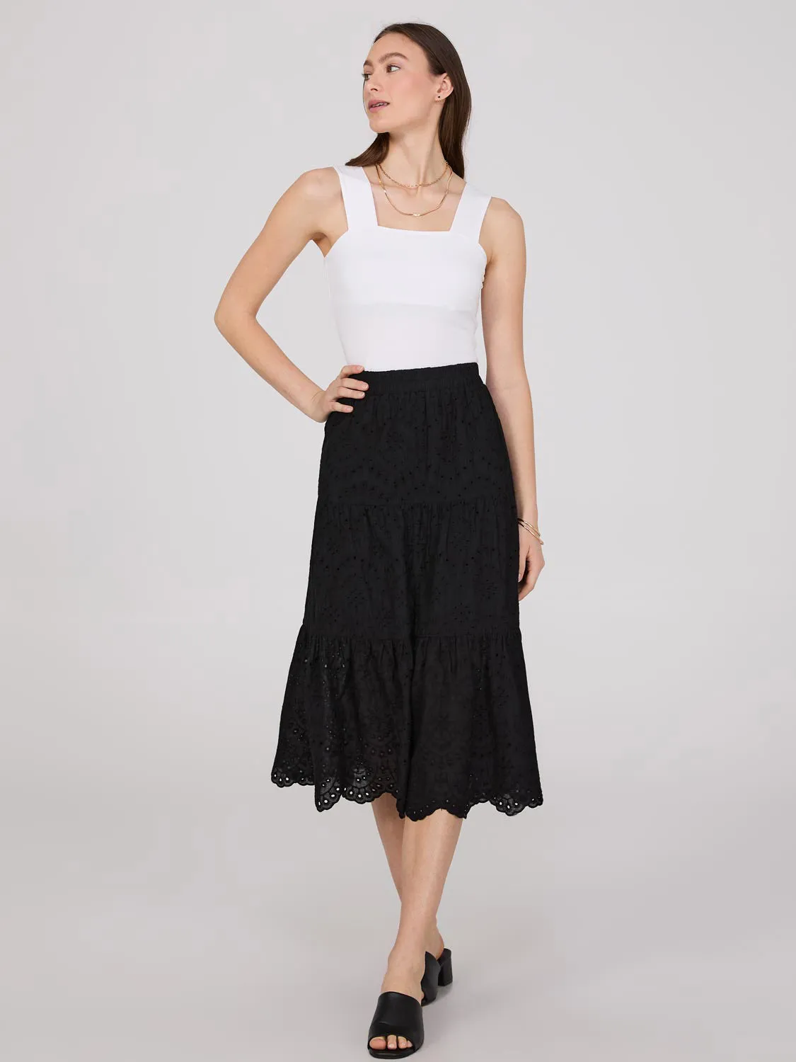 Eyelet Tiered Midi Skirt With Scalloped Hem