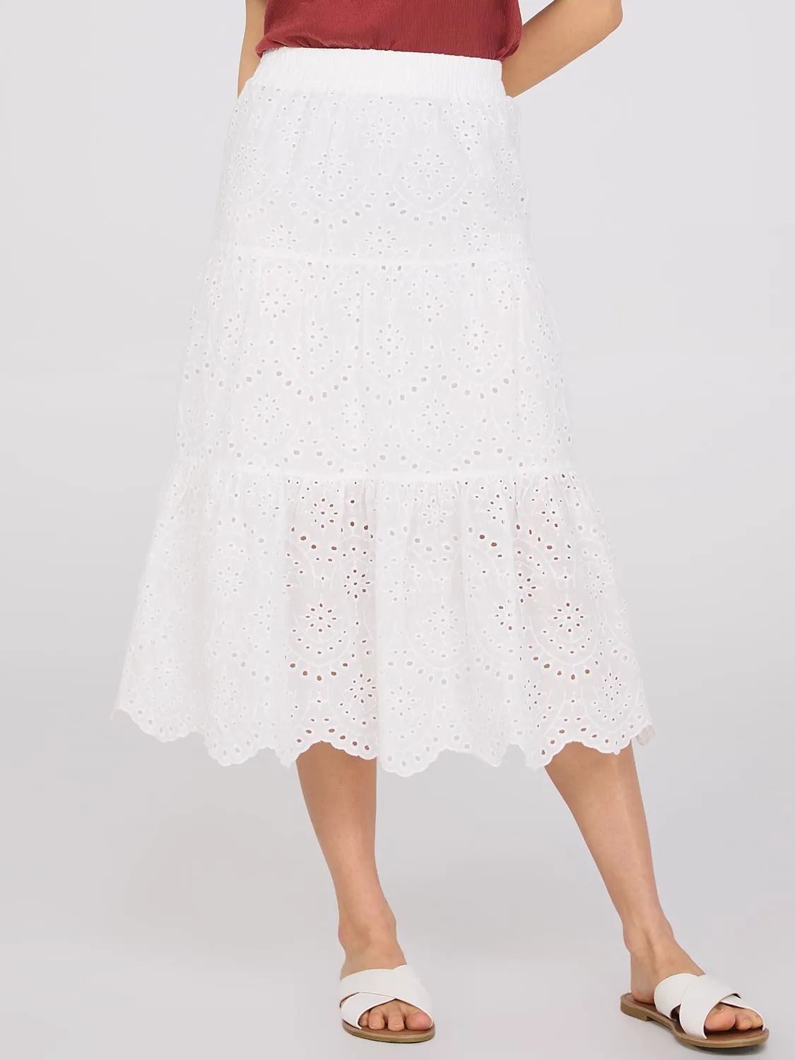 Eyelet Tiered Midi Skirt With Scalloped Hem