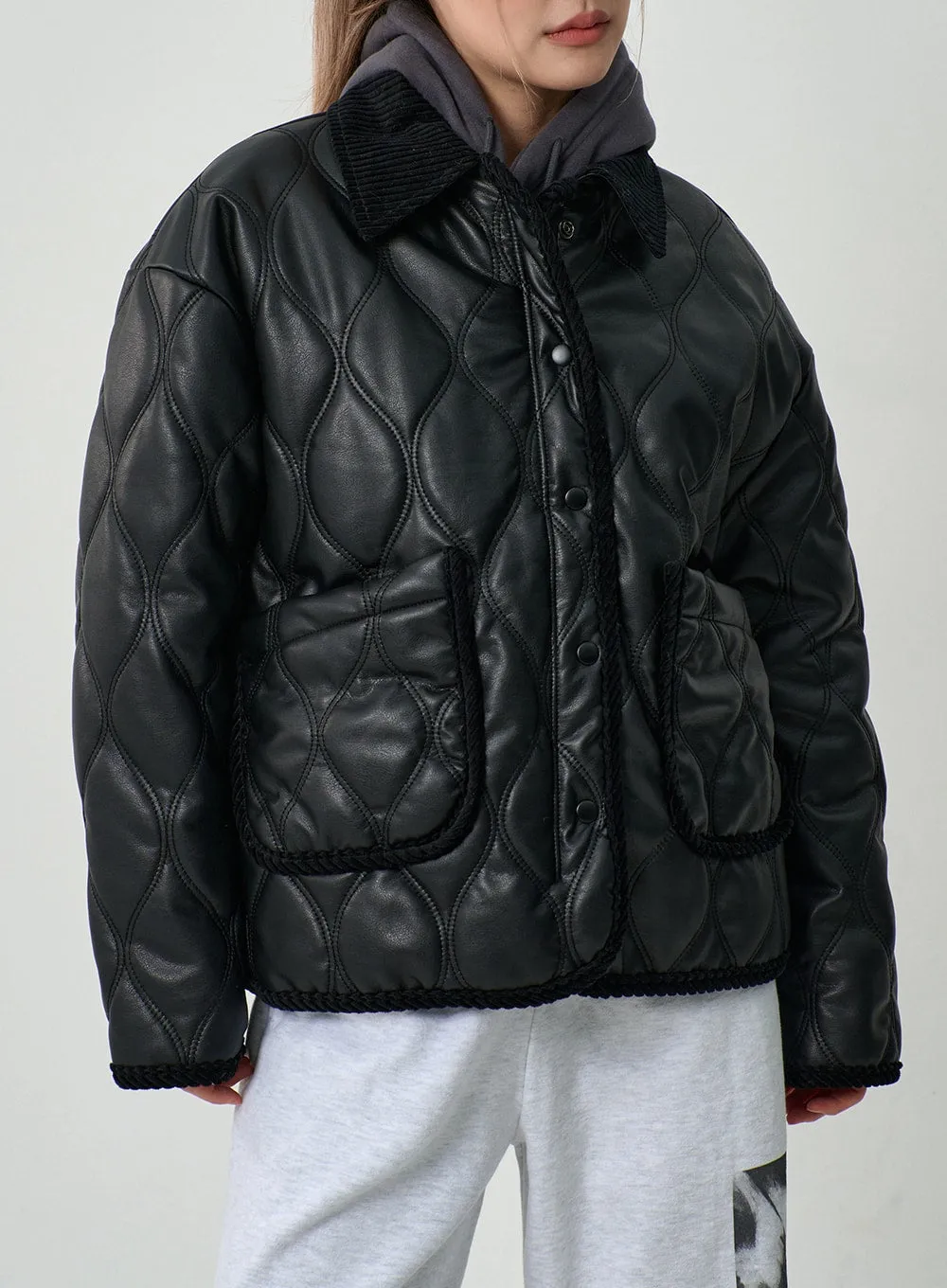 Faux Leather Button Puffer Jacket CD19