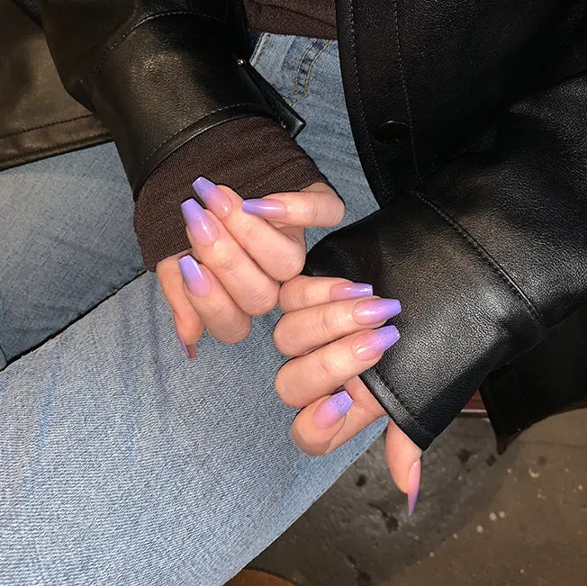 Finger Suit Purple Haze Nails Hand Artificial Fake Nails Long Pretty Home Art Tips Beauty Coffin Shape Press On Ombre Gradation Party