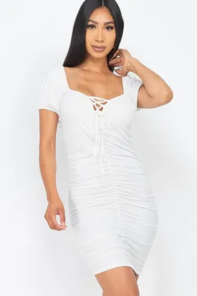 Front Lace Up Ruched Mini Dress