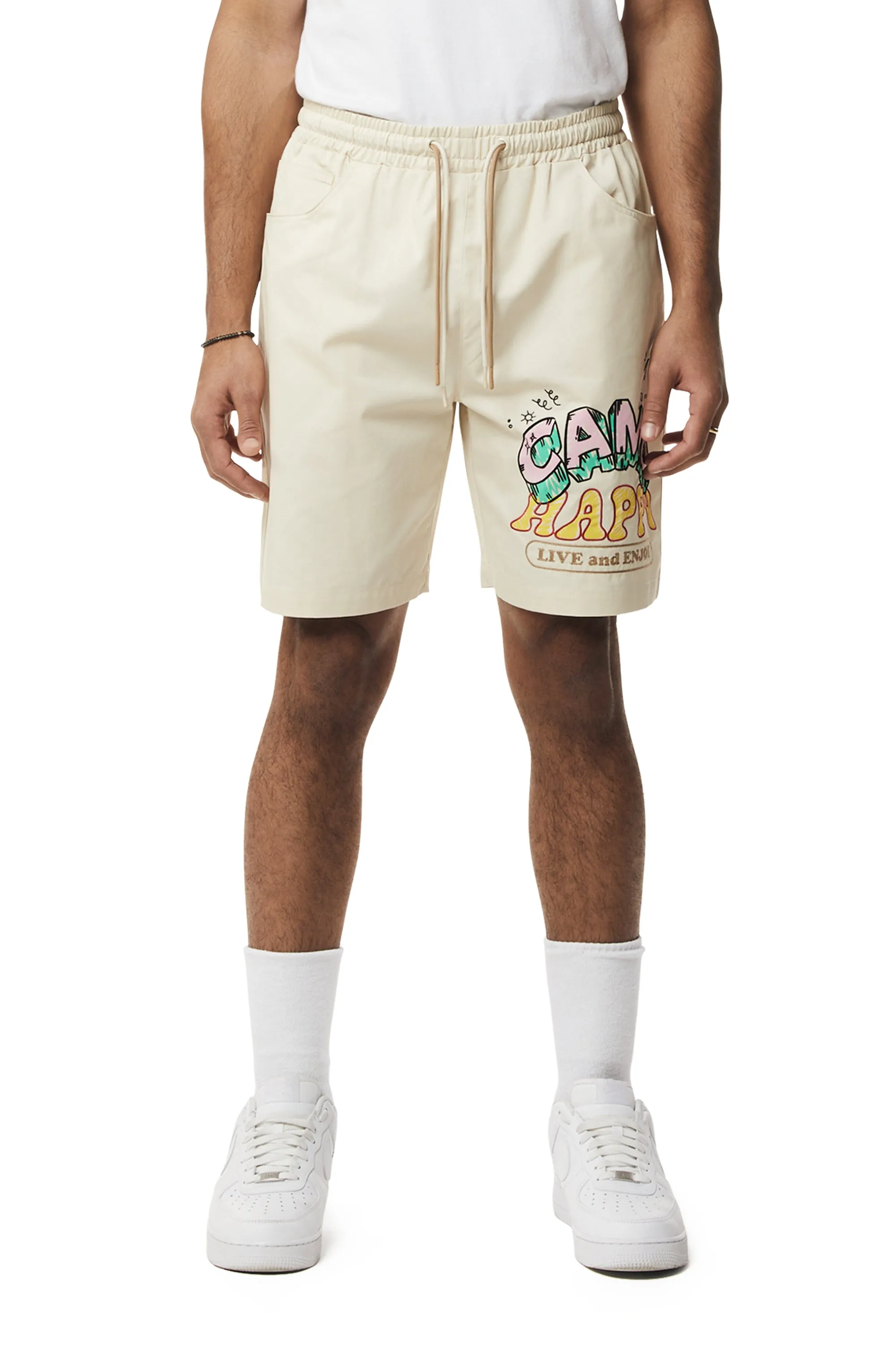 Fun Graphic Polished Twill Shorts - Ecru