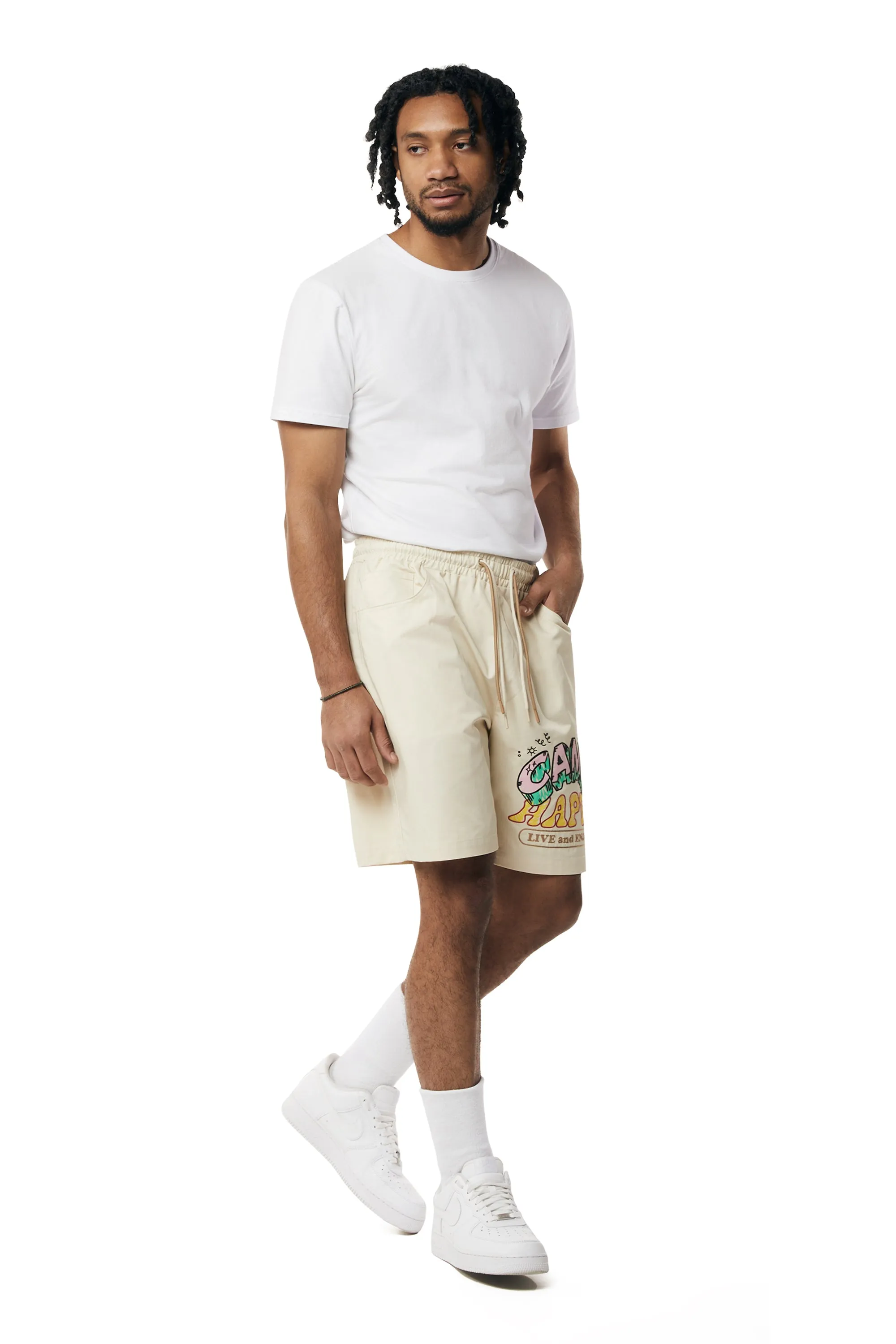 Fun Graphic Polished Twill Shorts - Ecru