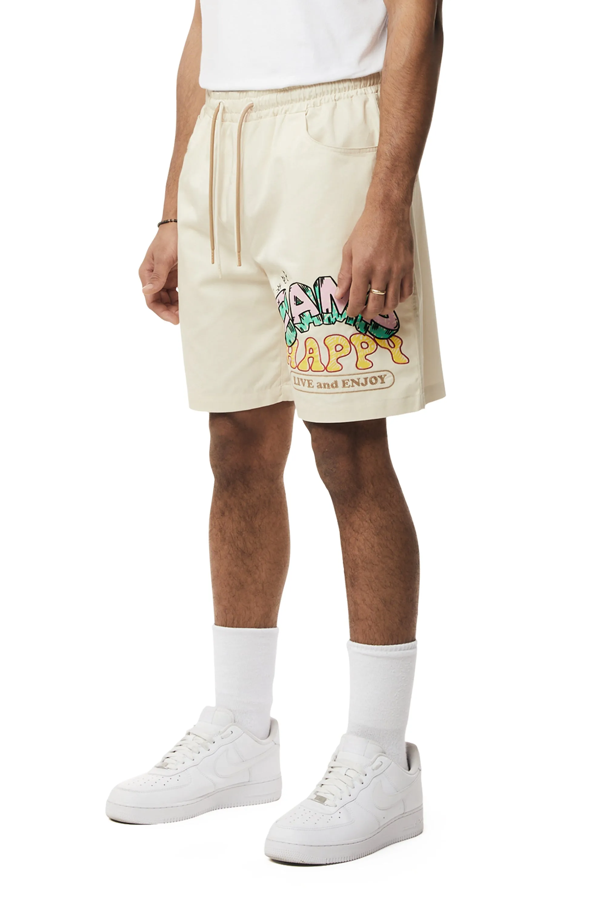 Fun Graphic Polished Twill Shorts - Ecru