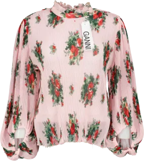 Ganni Pale Pink Plisse Cherry Blossom Blouse UK 16