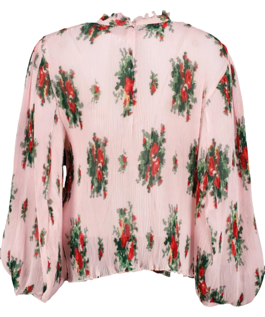 Ganni Pale Pink Plisse Cherry Blossom Blouse UK 16