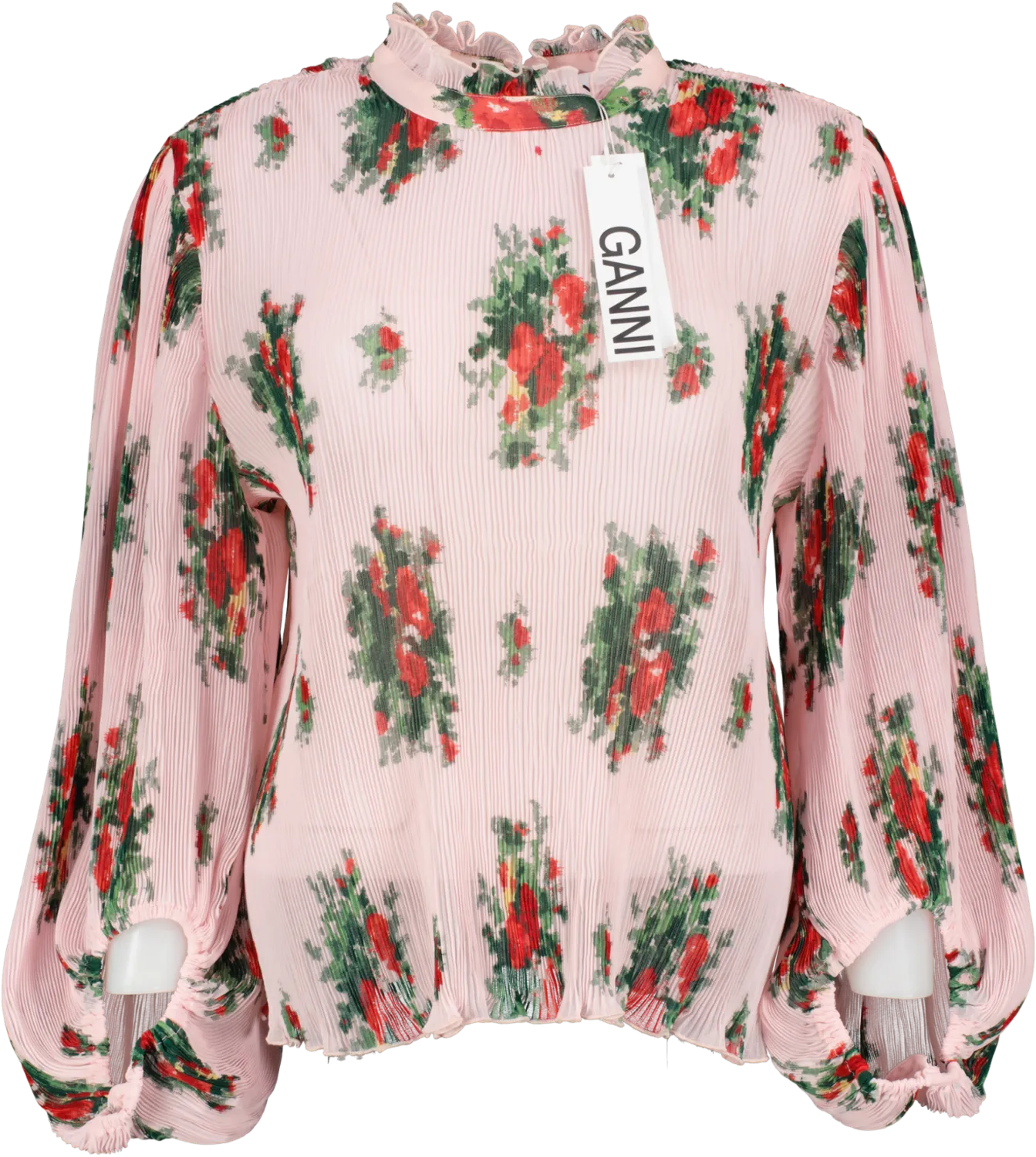 Ganni Pale Pink Plisse Cherry Blossom Blouse UK 16