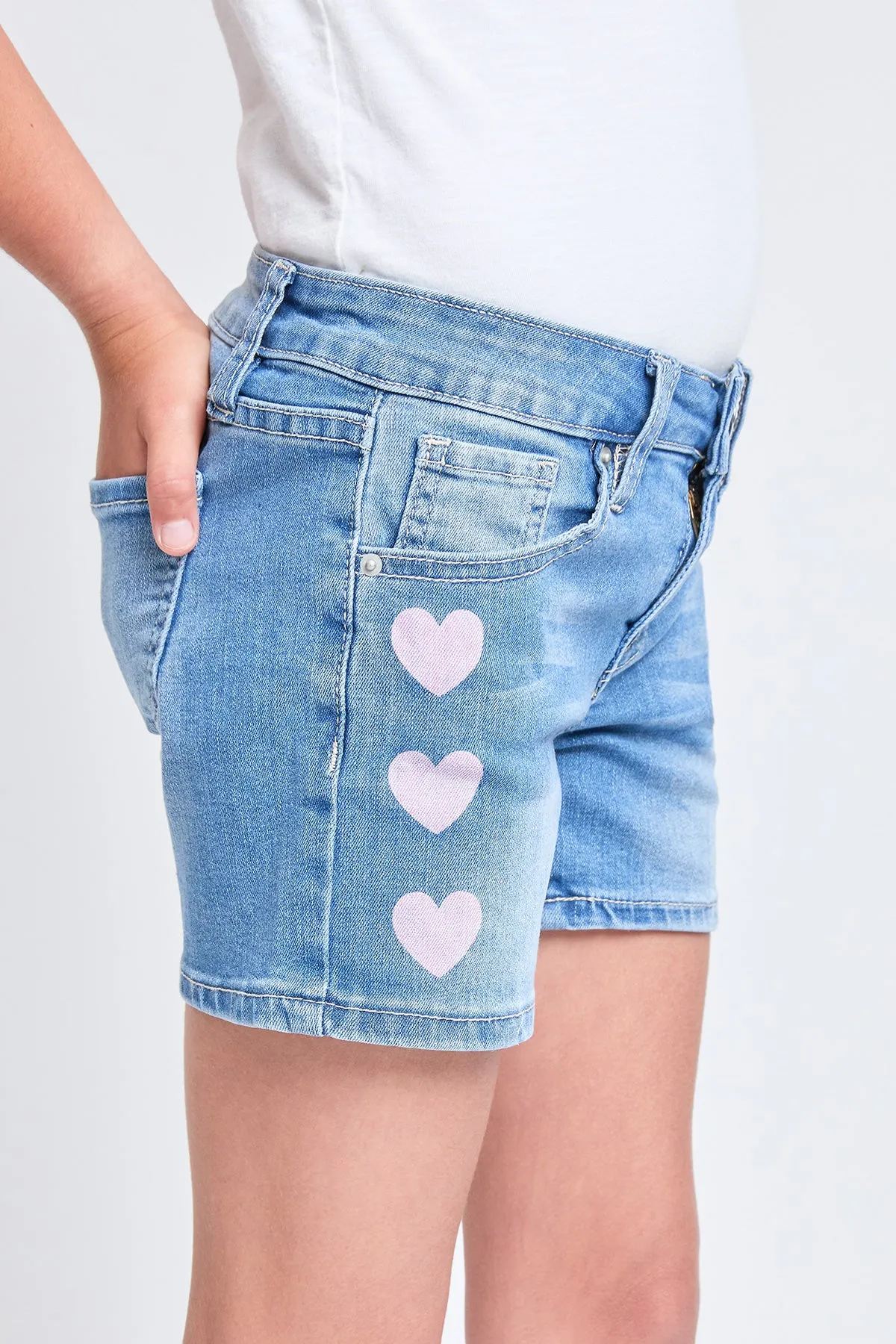 Girls Pink Heart Print Clean Hem Shorts