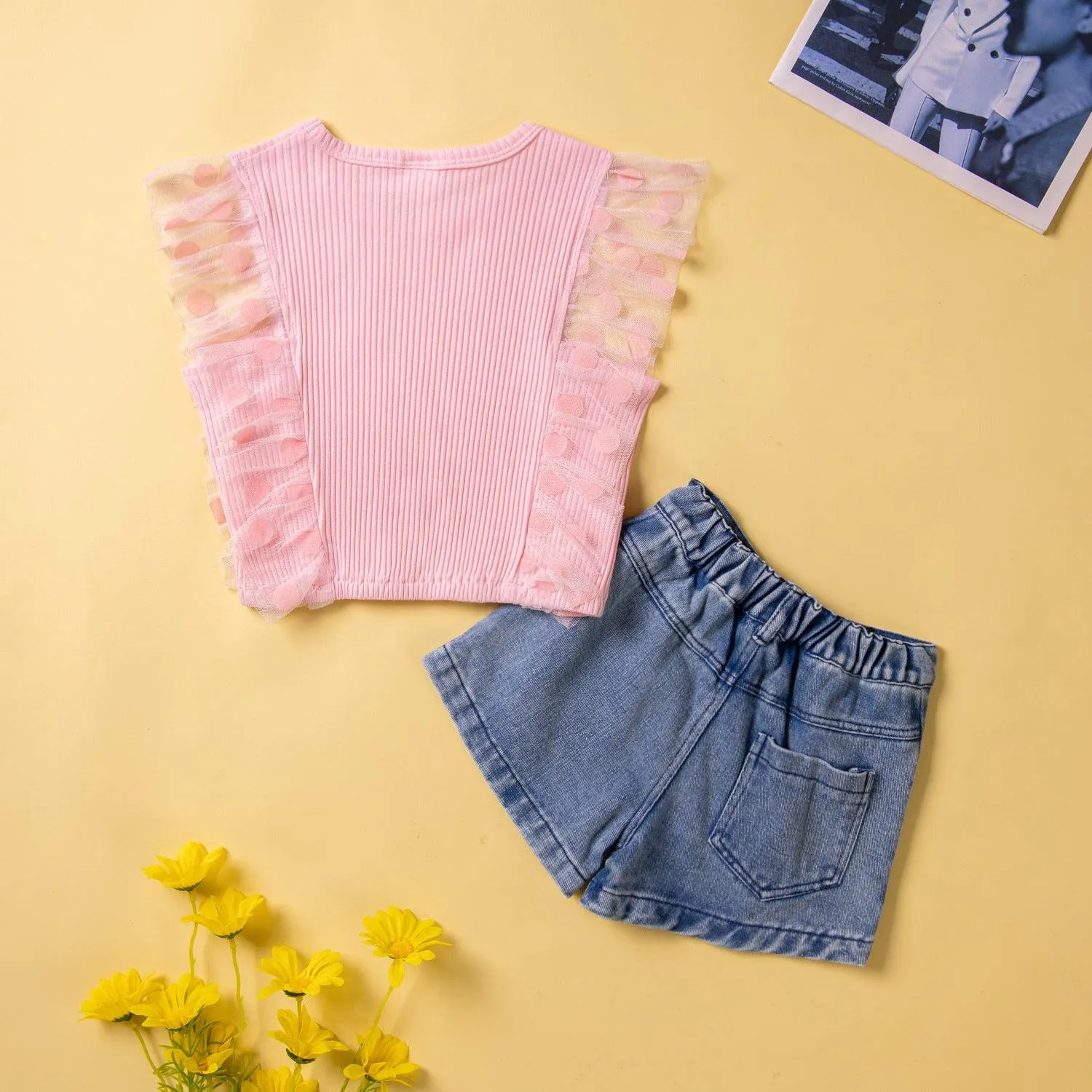 Girls' Suit Casual Clothes Sleeveless Pink Top Denim Shorts Two Pieces