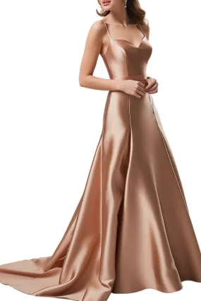 Glamorous Rose Gold Satin Evening Gown with Delicate Spaghetti Straps