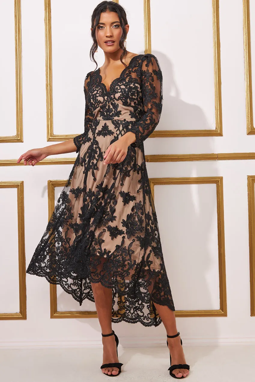 Goddiva Scalloped Lace Dipped Hem Midi Dress