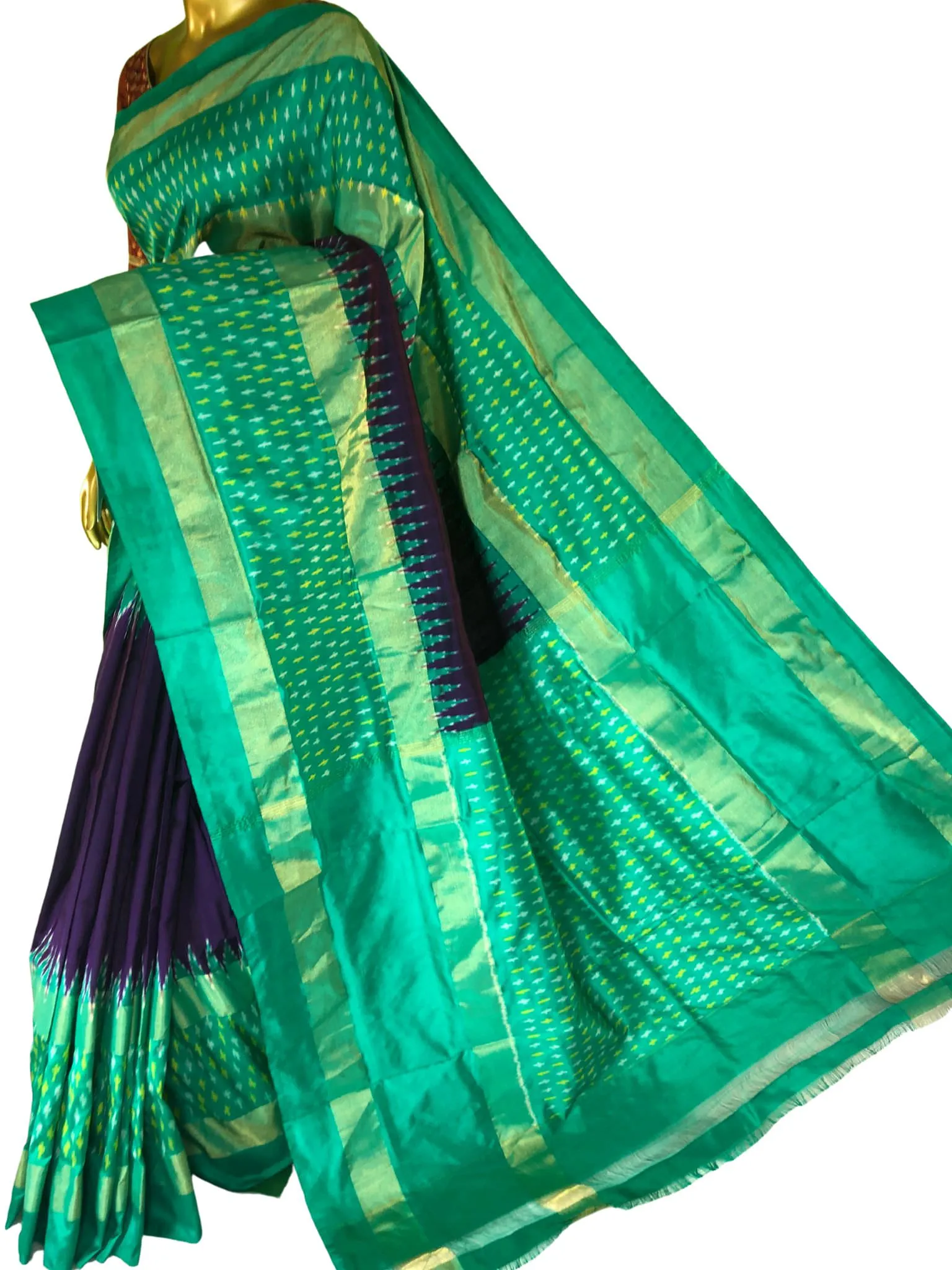 Green and Purple Color Pure Ikat Silk Saree